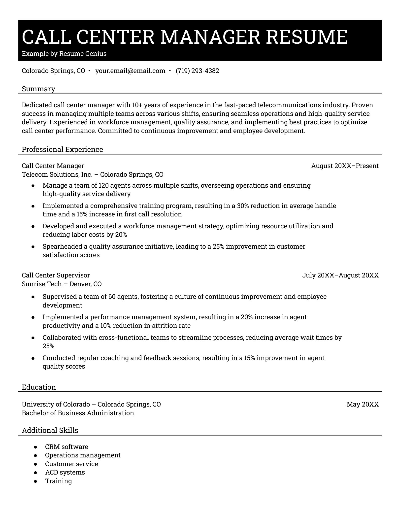 An example resume for a call center manager or supervisor.