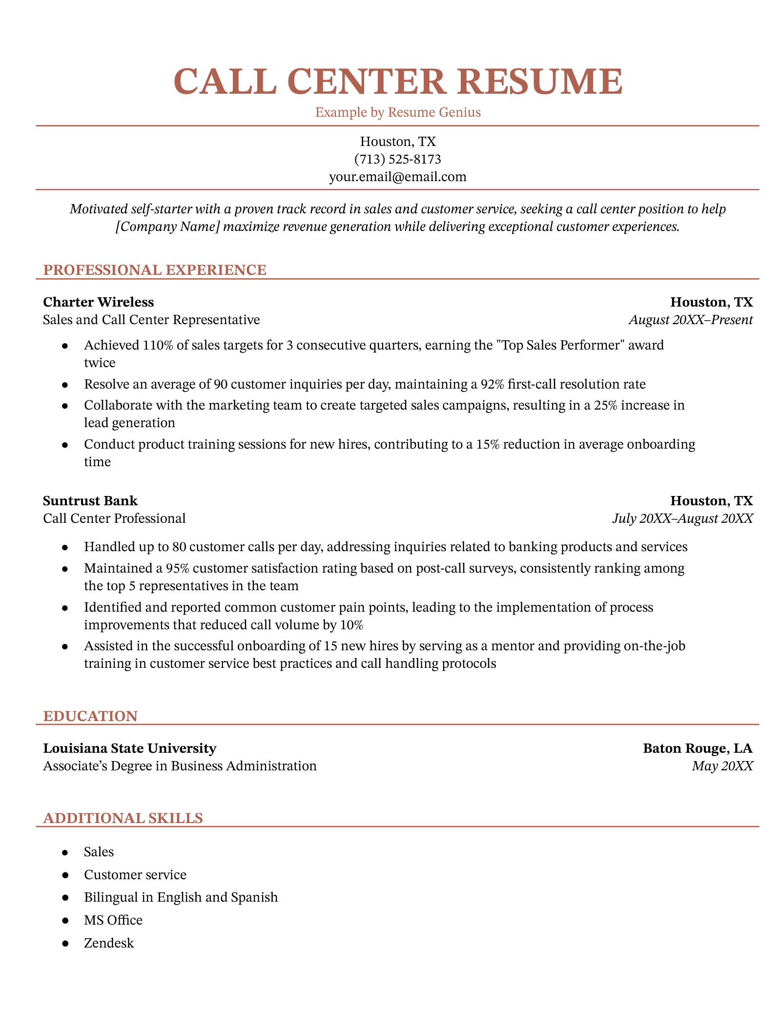 An example resume for a call center employee.