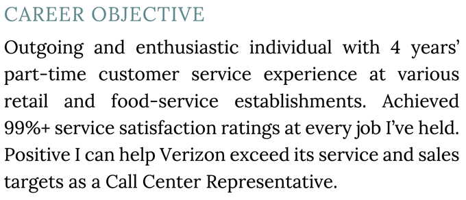 A call center resume objective example with a turquoise header and three sentences about the applicant's relevant skills and experience