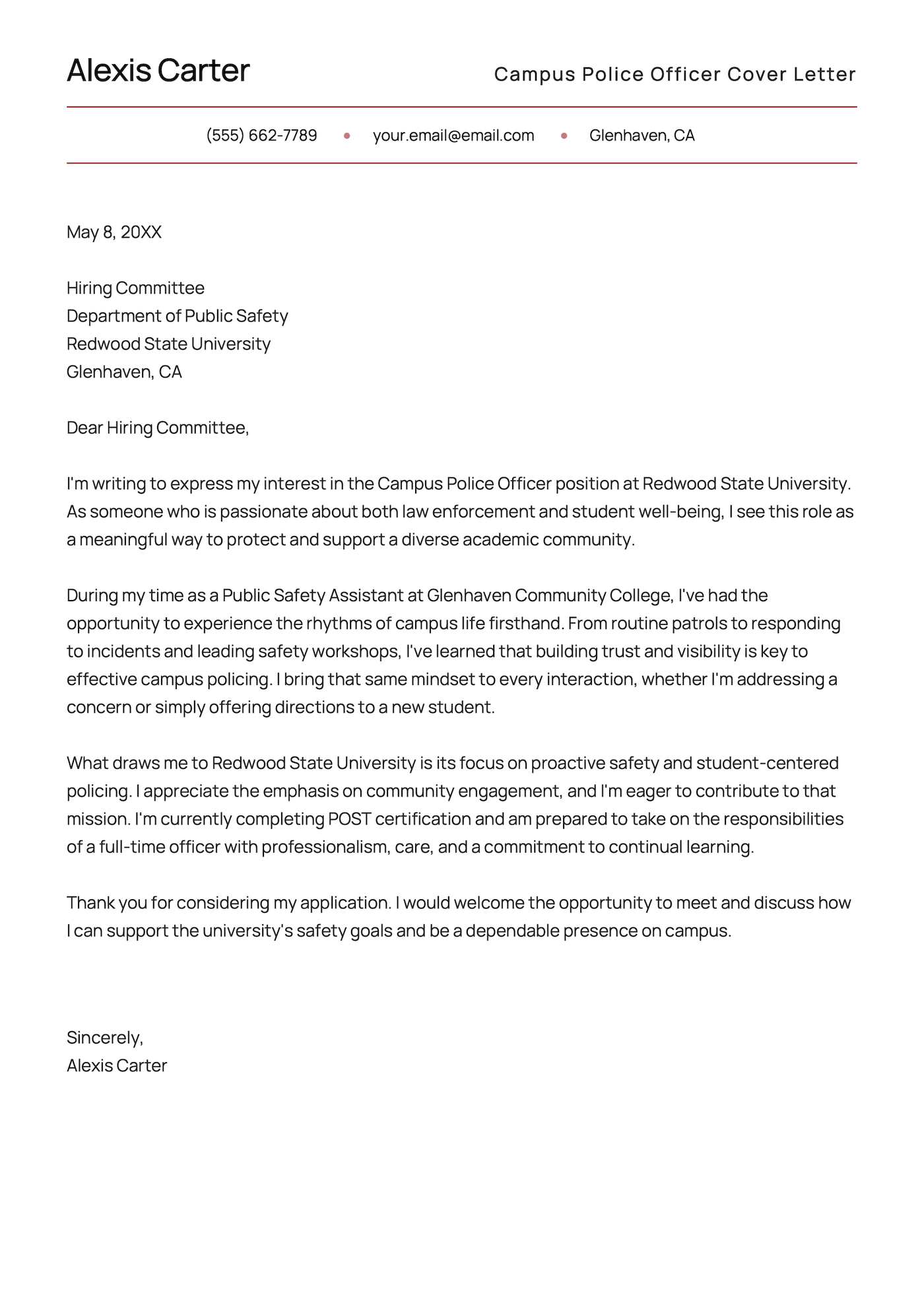 A campus police officer cover letter example.