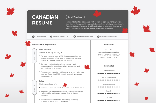 A job applicant holding a Canadian resume while being surrounded by red maple leaves