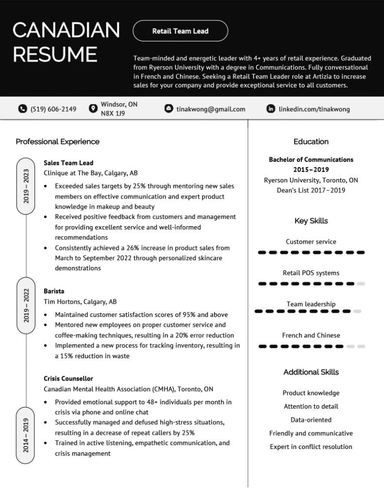 cv resume canada sample