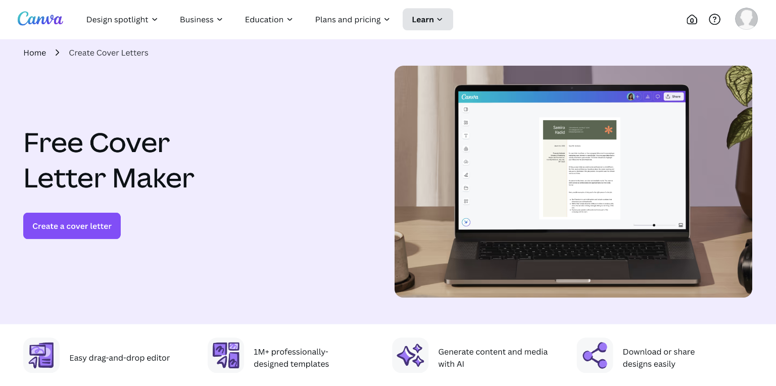 A screenshot showing the Canva cover letter builder