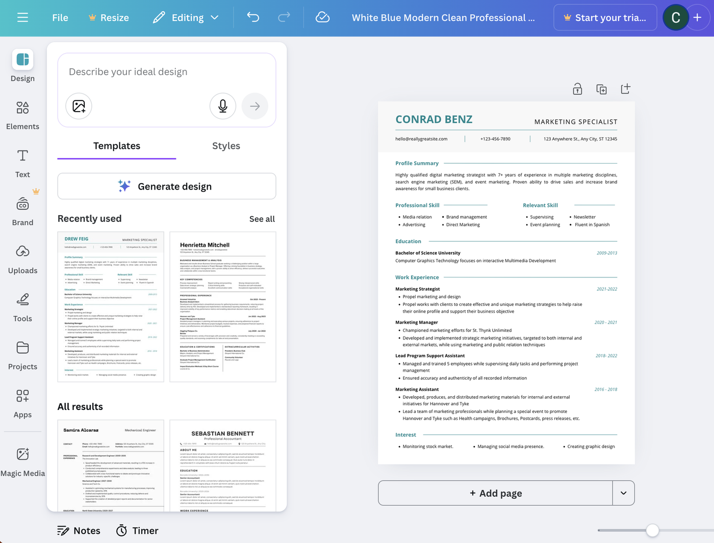 Preview of the Canva resume builder template selection