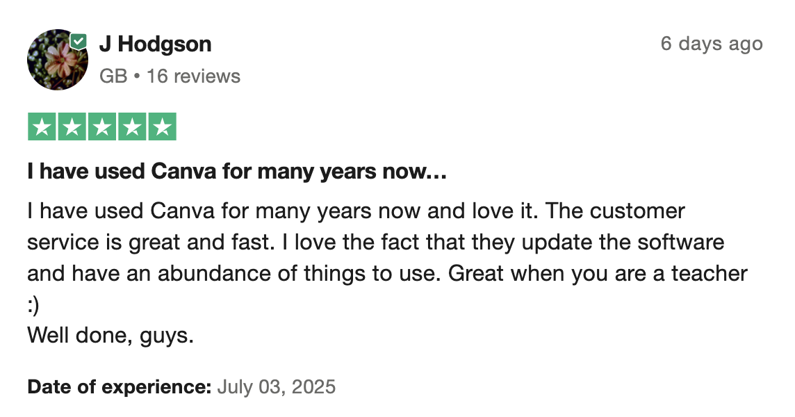 5-star review of Canva on Trustpilot.