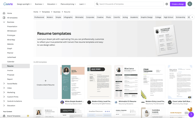 Screenshot of the templates page on Canva.