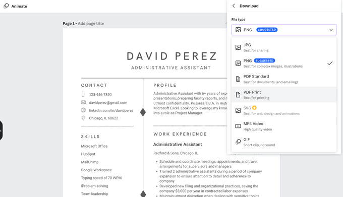 Image that demonstrates how to download your file as a PDF for our Canva review.