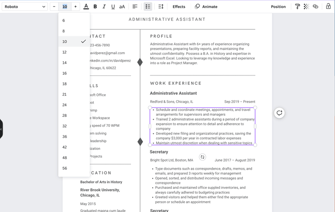 Image of how to change font size in a resume template for our Canva review.