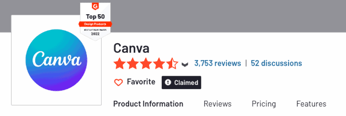 Screenshot of Canva reviews rating on G2.