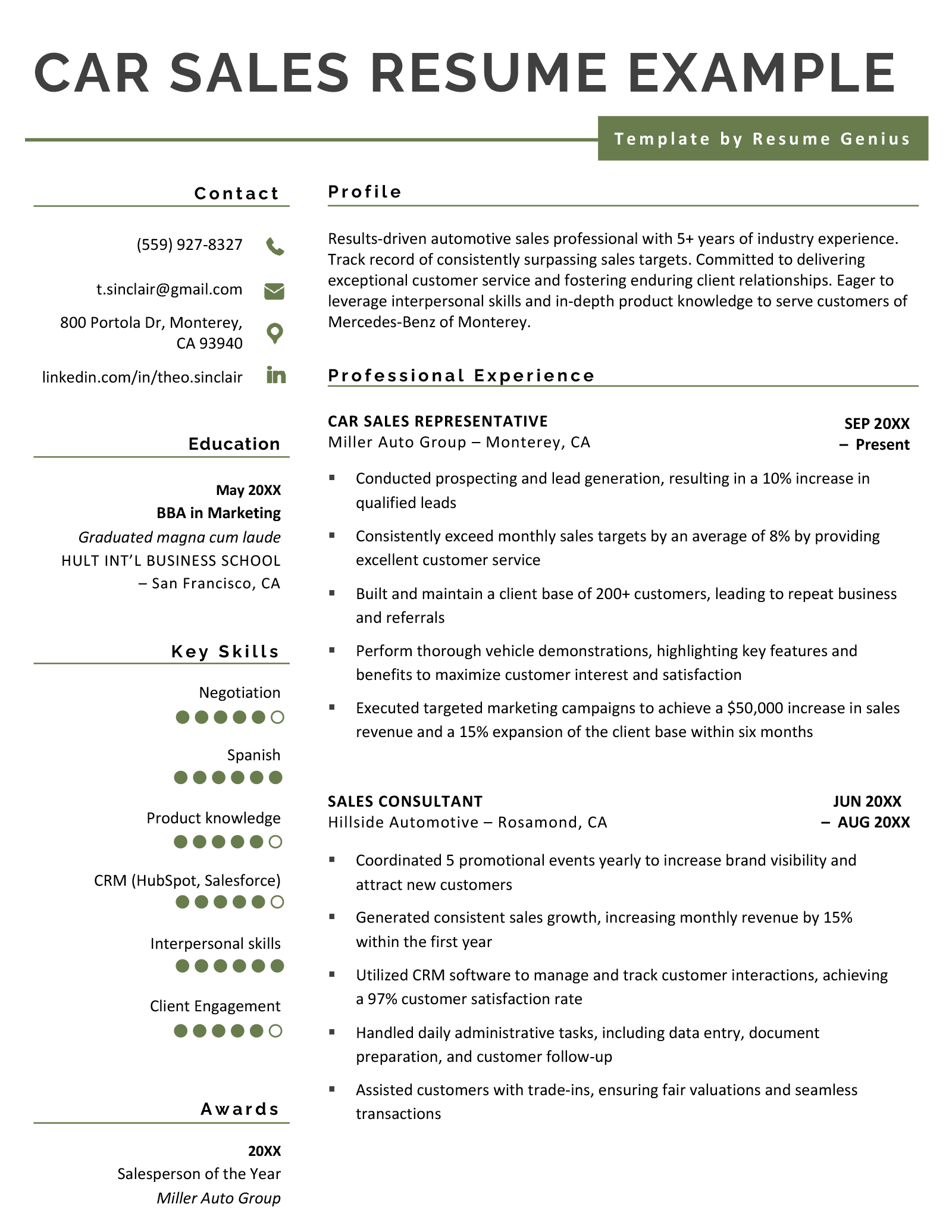 A car sales resume on a template with a green header written by a candidate with over five years of experience.