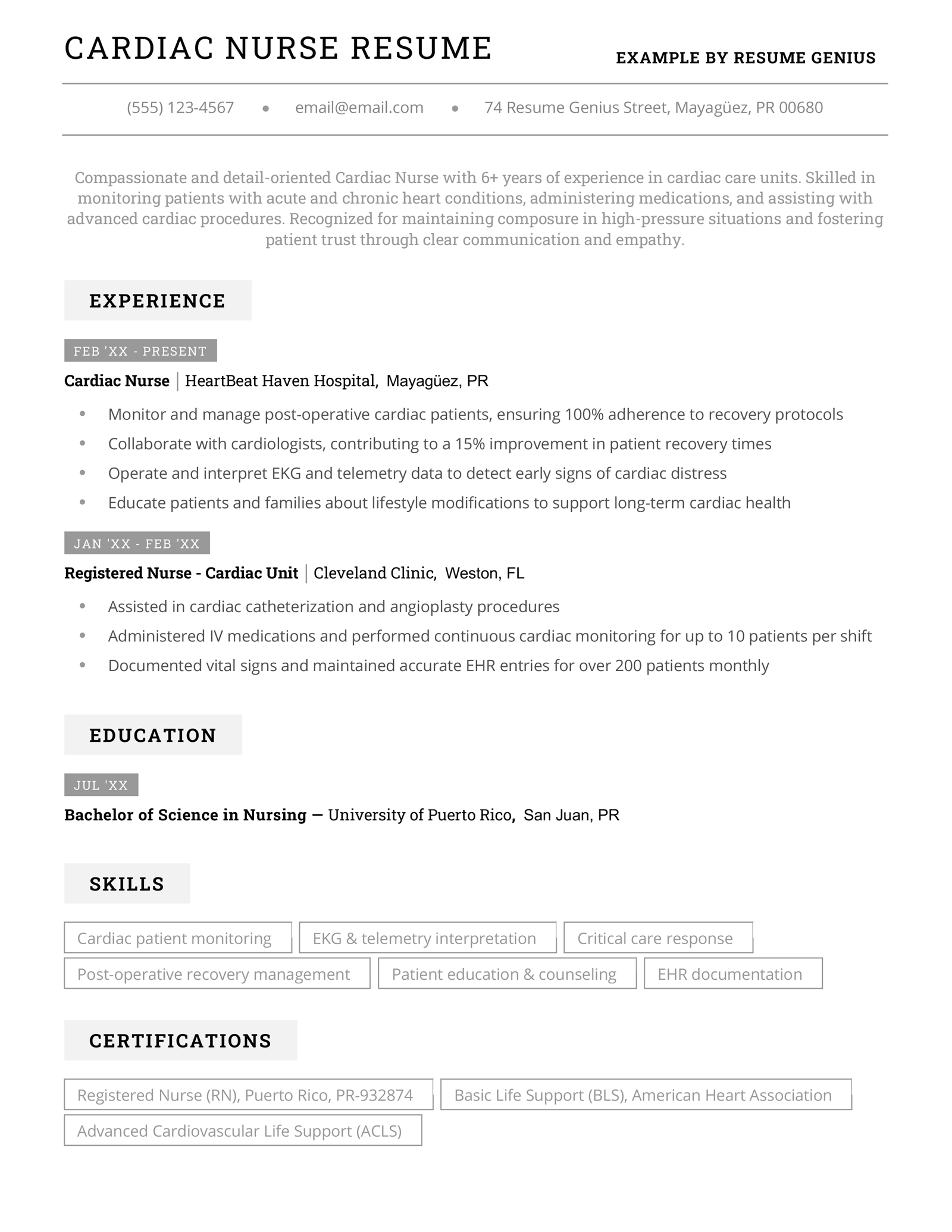 A cardiac nurse resume example.