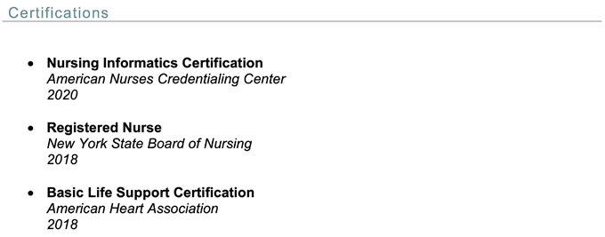An example showing how to display certifications on a career change resume