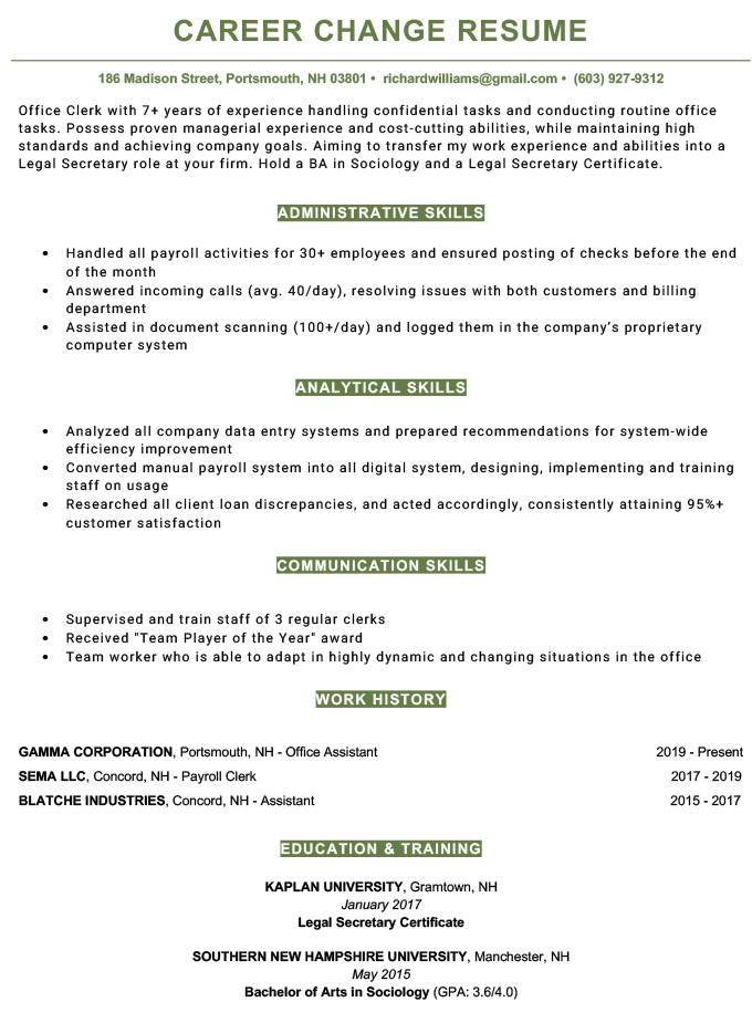 A career change resume using a green resume template