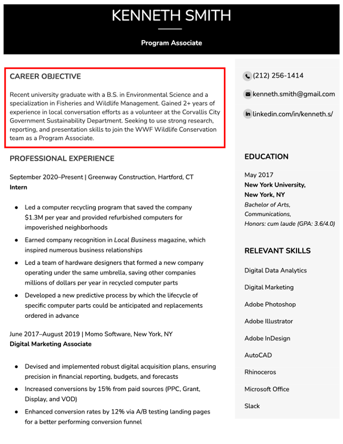 career change resume example with outlined career objective
