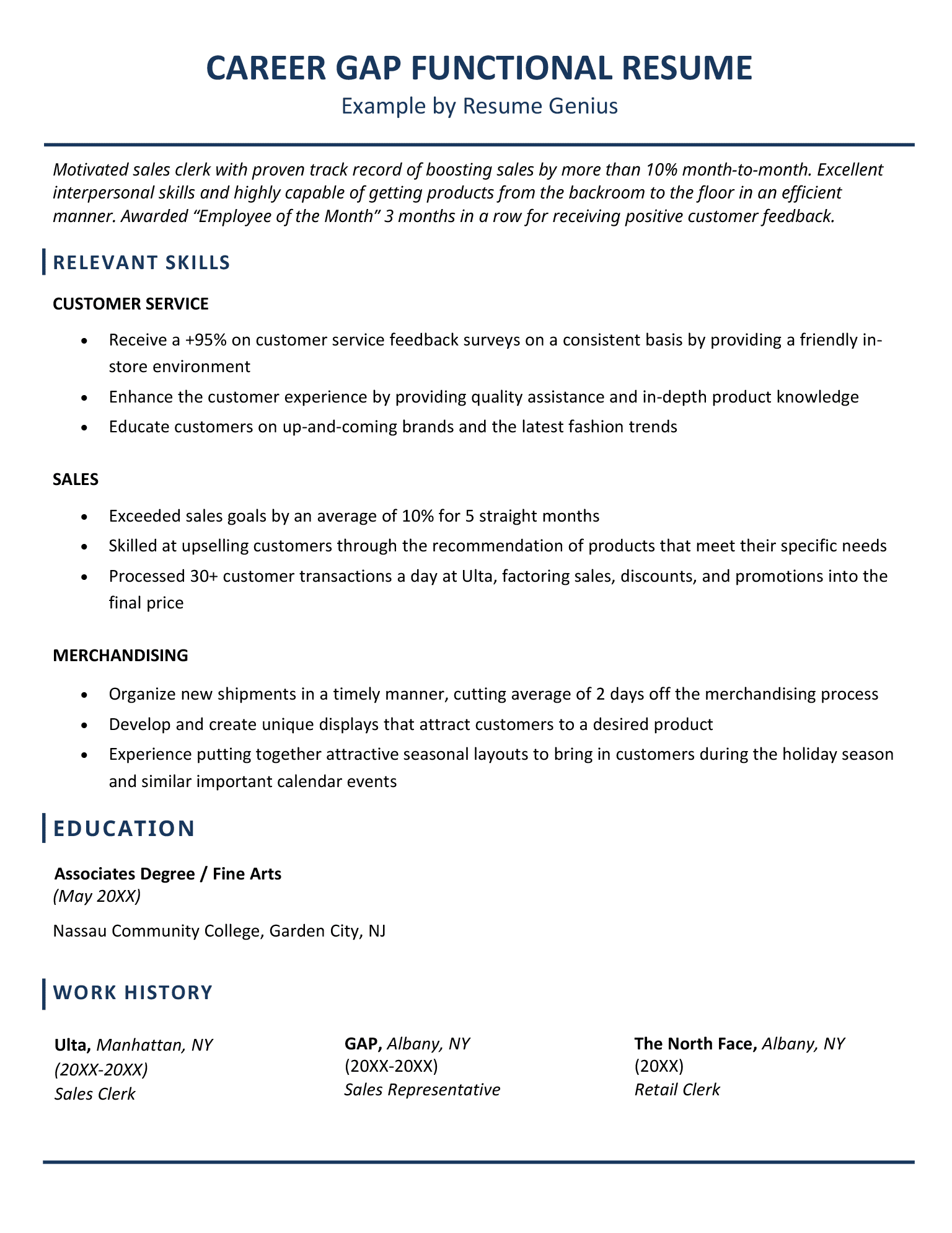 An example functional resume for a sales rep who has long employment gaps in their work history.