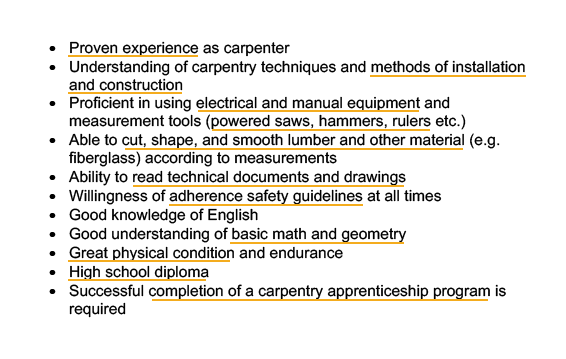 An example of a carpenter job description with keyword underlined
