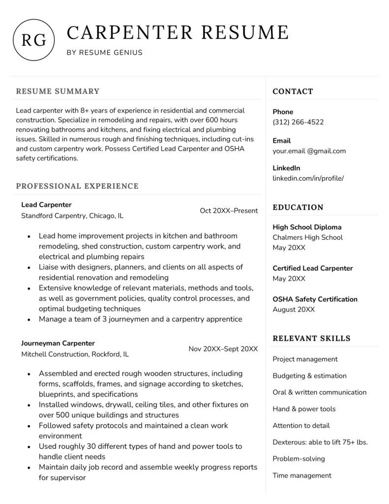 sample resume for carpentry skills