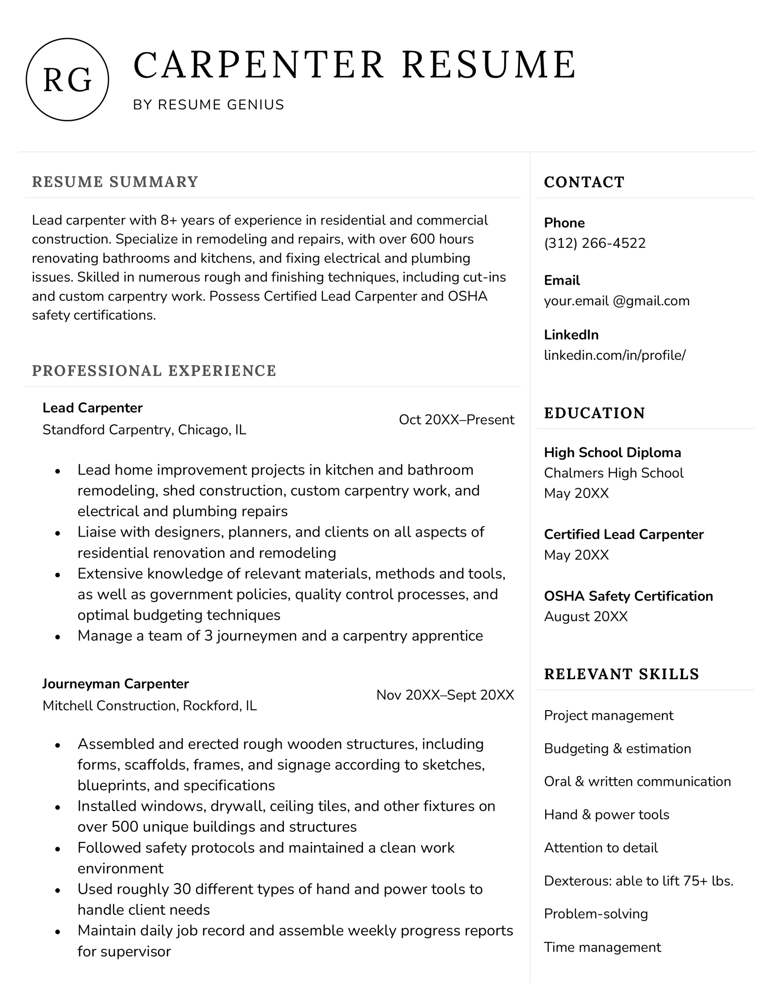 An example of a carpenter resume
