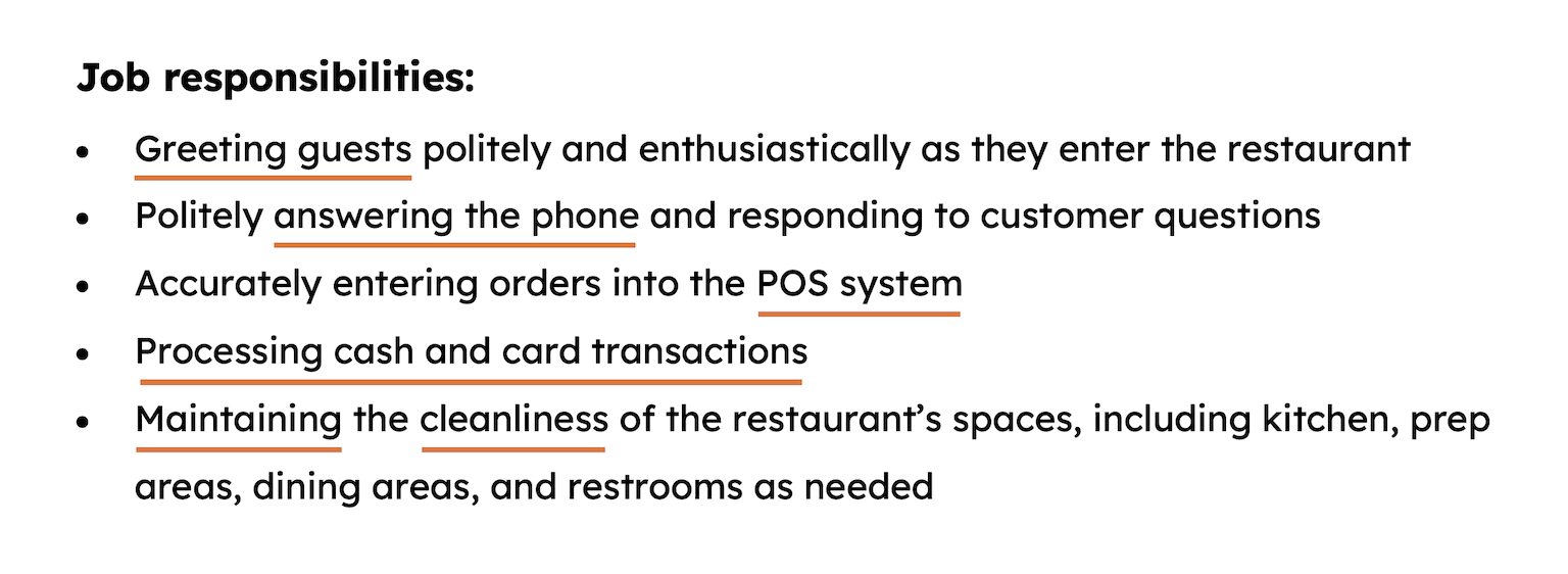 Example of a cashier job description with keywords underlined.