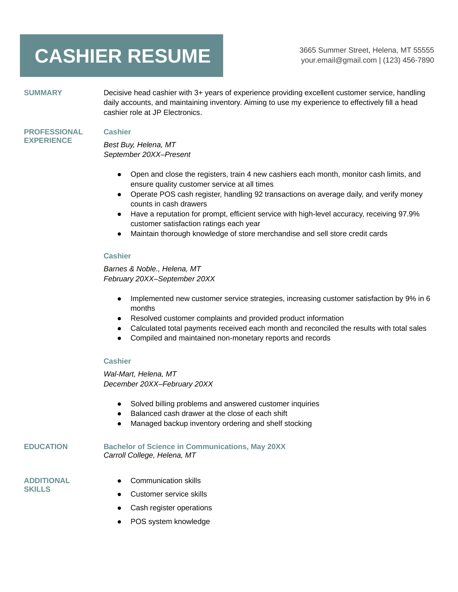 A cashier resume example.