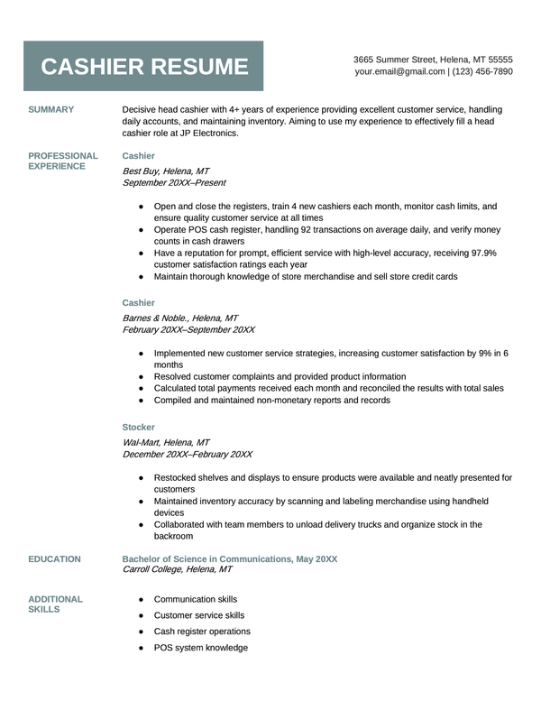 A cashier resume example.