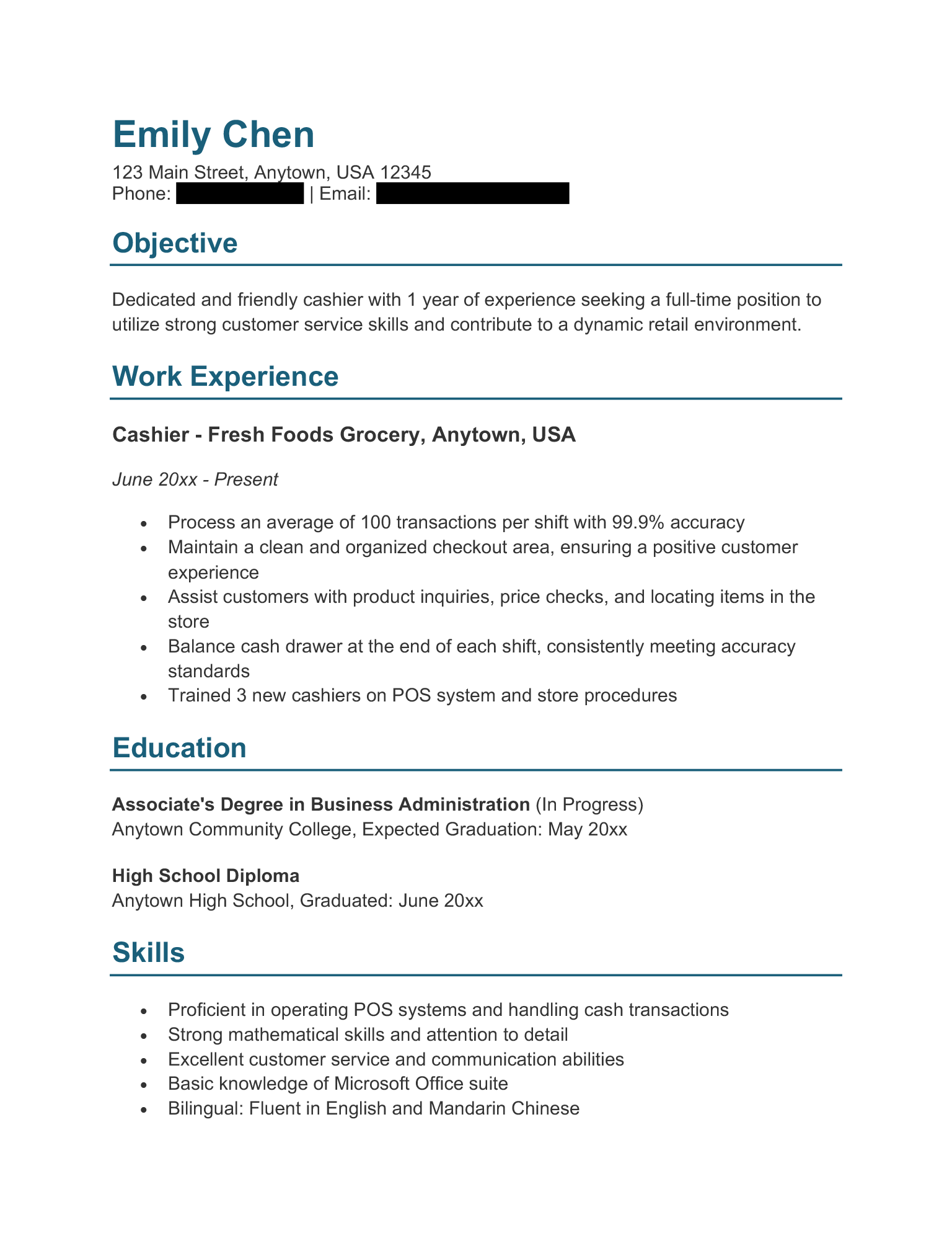 Example of a resume written by a candidate who's completing their associate's degree and applied for a cashier position