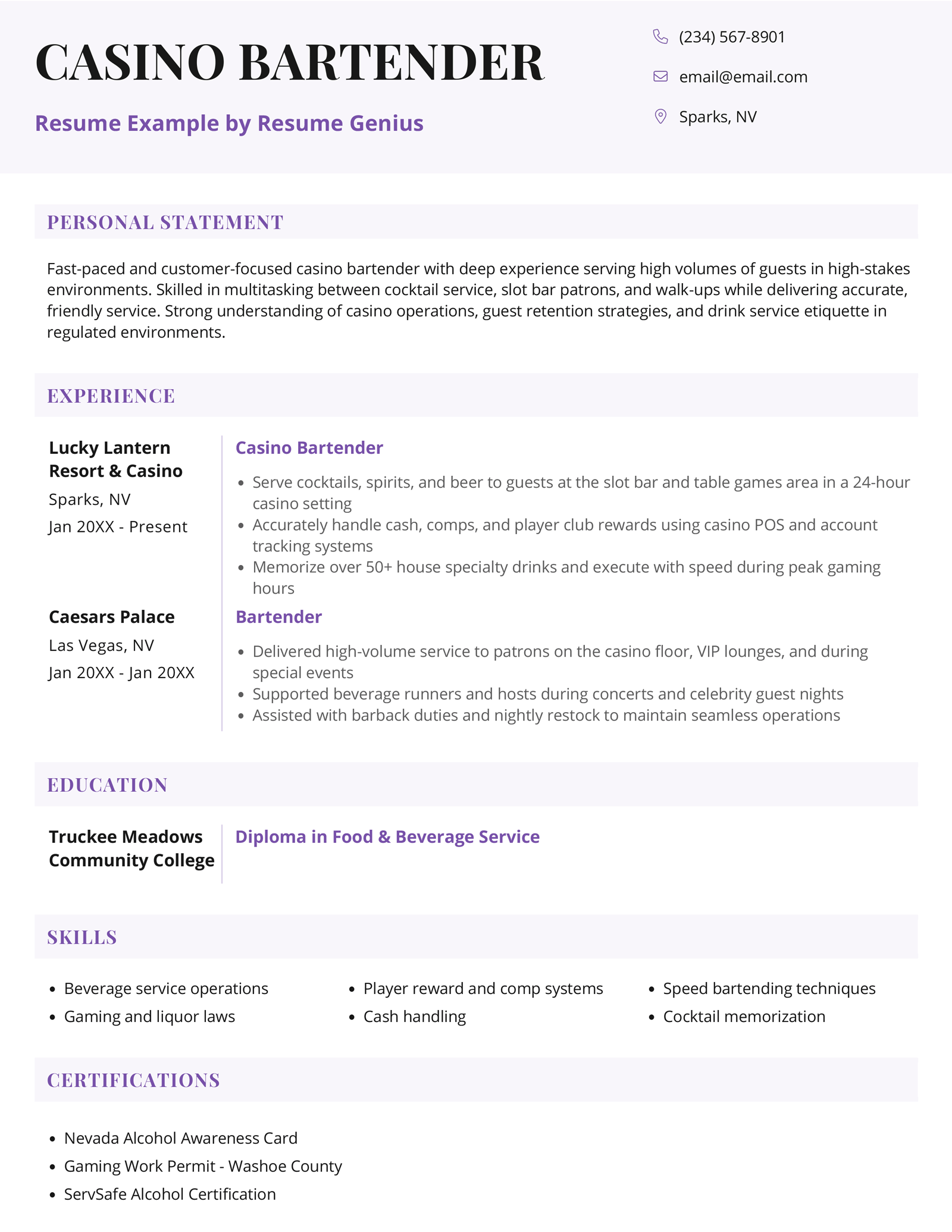 A casino bartender resume example.