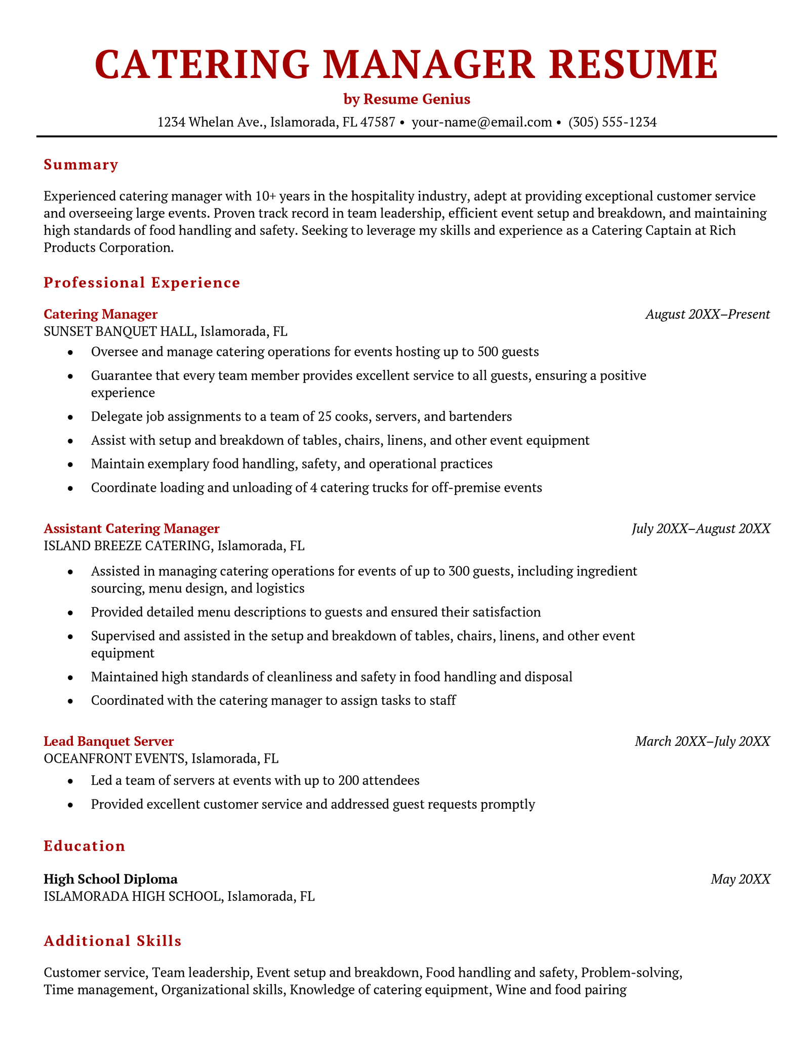 A catering manager resume example.