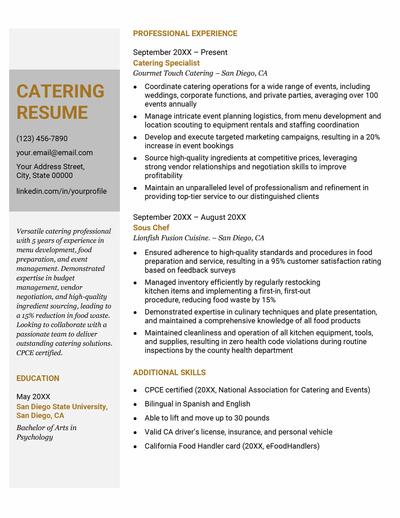 A sample of a catering resume.