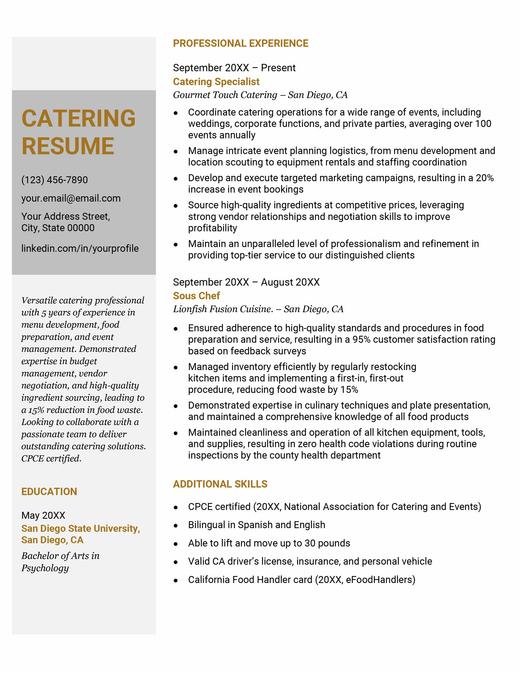 A sample of a catering resume.