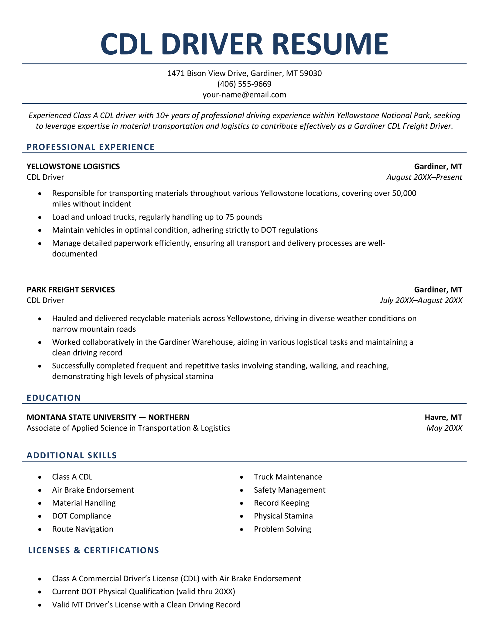 A CDL driver resume example that uses a professional, simple design in a blue color scheme.