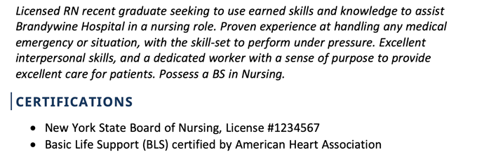 A screenshot of certifications on a resume for a nurse placed under the resume summary