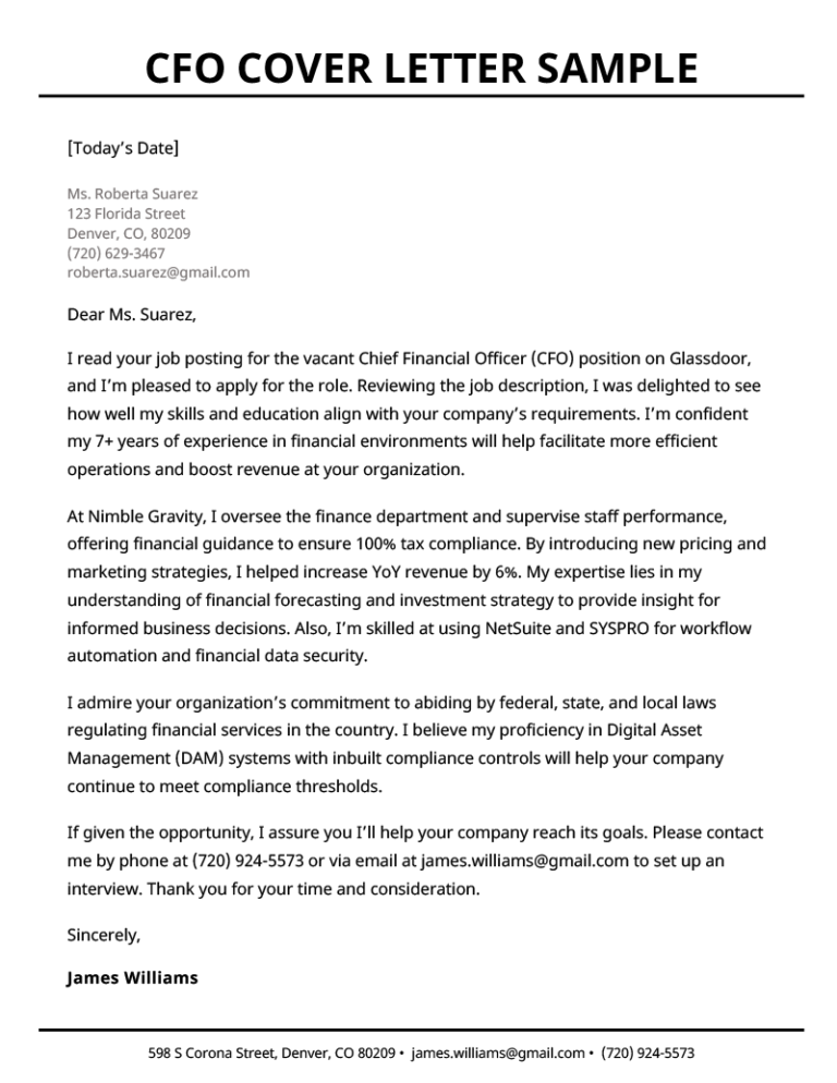 CFO Cover Letter Samples & Template (Free Download)