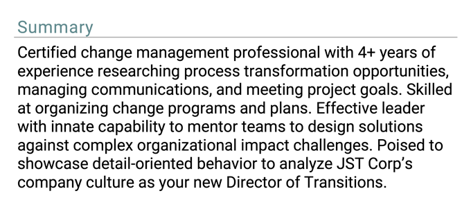 An example of change management resume's summary with a turquoise section header