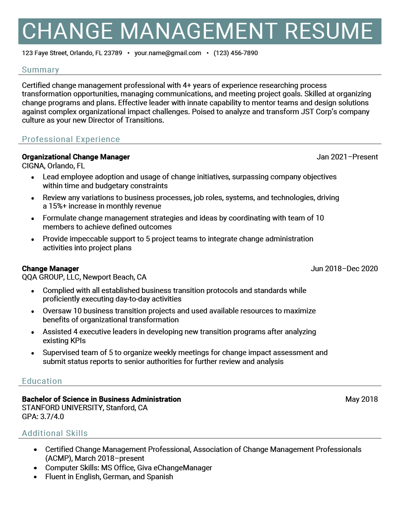 A change management resume example with a turquoise header and 4 years of chronological work experience