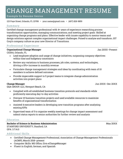 A change management resume example with a turquoise header and 4 years of chronological work experience