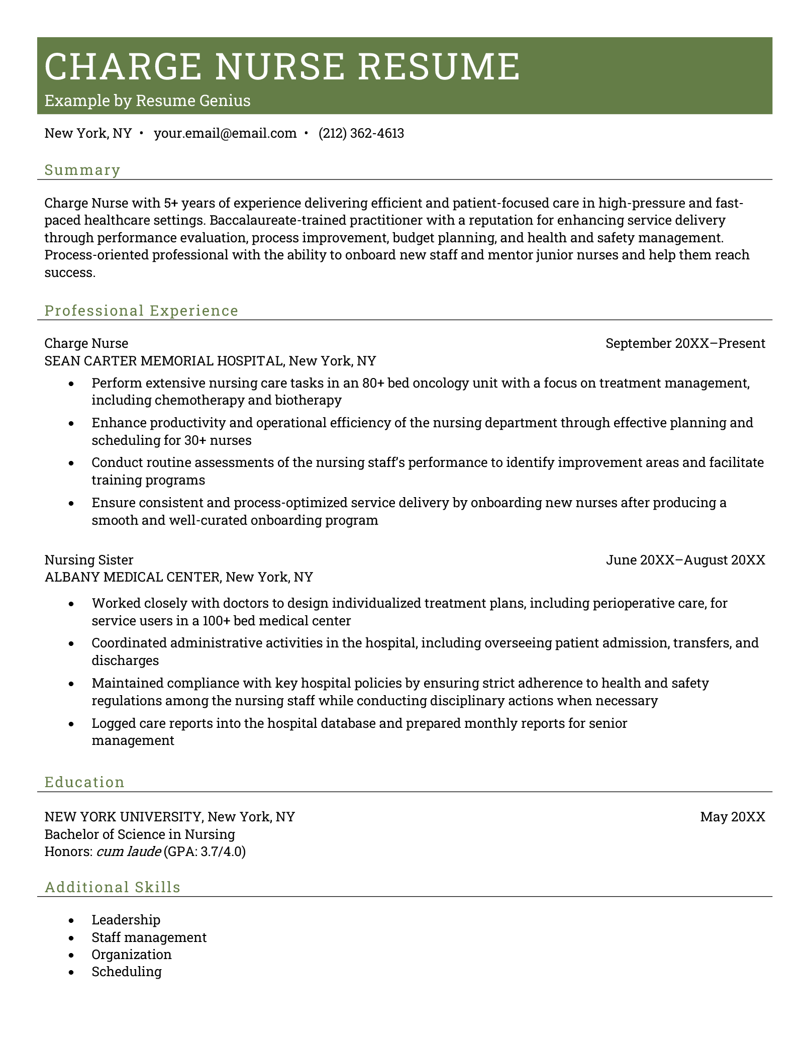A charge nurse resume example on a template with a wide green header and the summary, professional experience, education, and additional skills sections highlighted in green