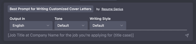 A screenshot example of what an AIPRM cover letter writing prompt from Resume Genius looks like