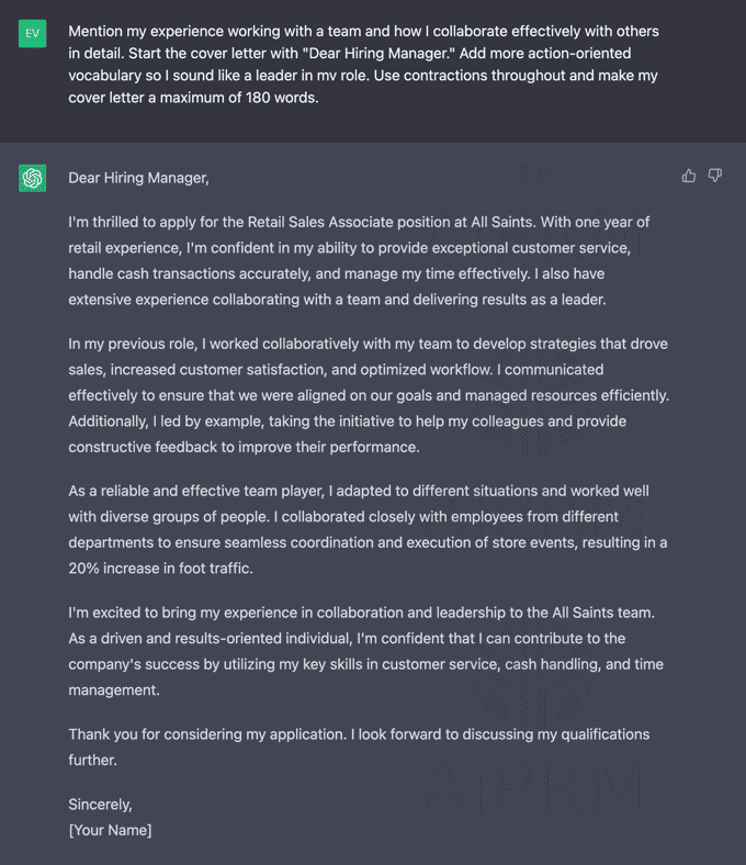 A screenshot example of a cover letter created by ChatGPT using specific prompts