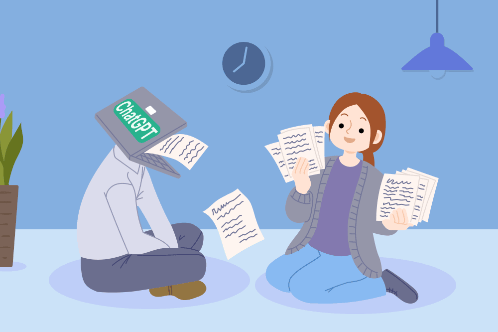 A representation of ChatGPT churning out cover letters and a person looking excited