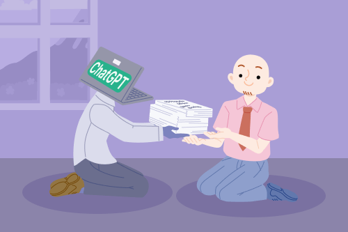 Cartoon image of man with a computer for a head to represent ChatGPT handing a job seeker a stack of possible resumes to use