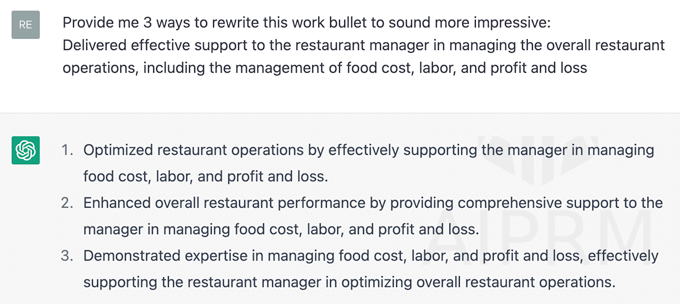 Example of a prompt asking ChatGPT to write a resume bullet to sound more impressive and the output from ChatGPT