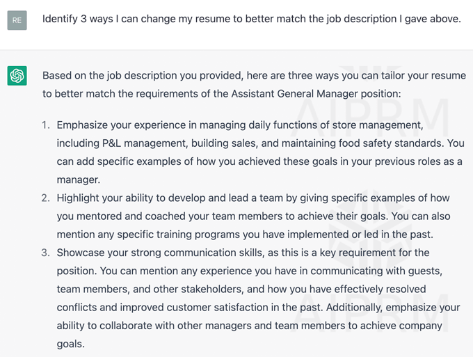 Example of a prompt asking ChatGPT to provide suggestions on how to improve a resume to better match a job description