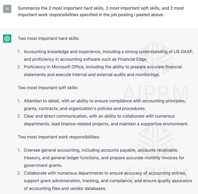 Example of a prompt asking ChatGPT to summarize a job description and the ChatGPT output