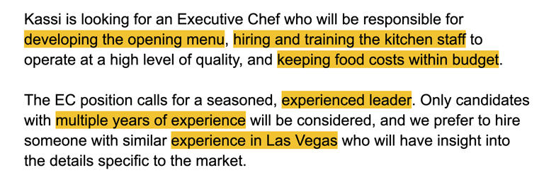 An example of a job ad for a chef with relevant keywords highlighted in yellow