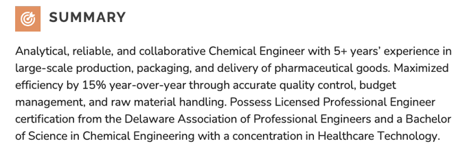 An example resume summary for a chemical engineer with experience in pharmaceuticals