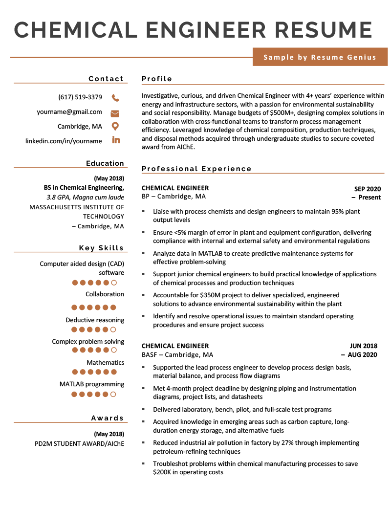 An example of a chemical engineer resume on a template with orange graphic icons to highlight the applicant’s contact details and skills