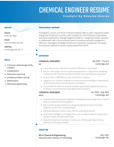 An example of a chemical engineer resume on a template with orange graphic icons to highlight the applicant’s contact details and skills
