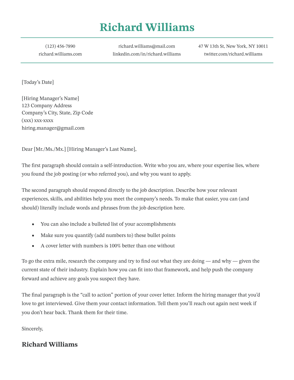 Chicago cover letter template in green, with a basic design that's highly formal.