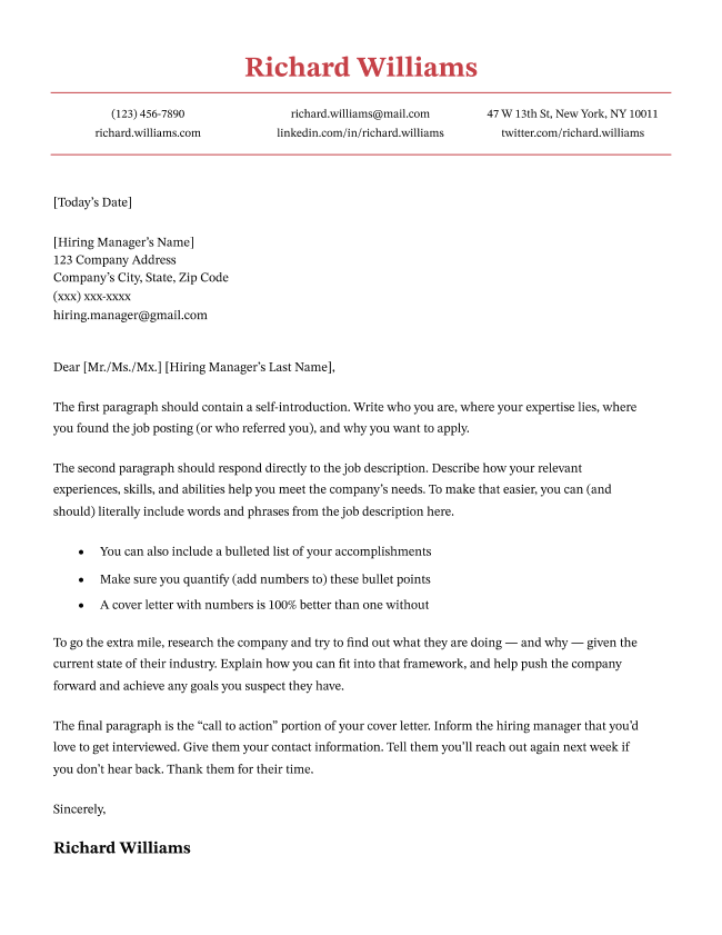 The Chicago cover letter template in red, with a centered header and highly formal design.